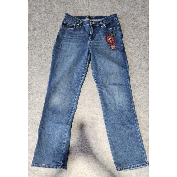 Lee Relaxed Fit Straight Embroidered Med Wash Blue Denim Jeans Women's Size 8 - Picture 1 of 9